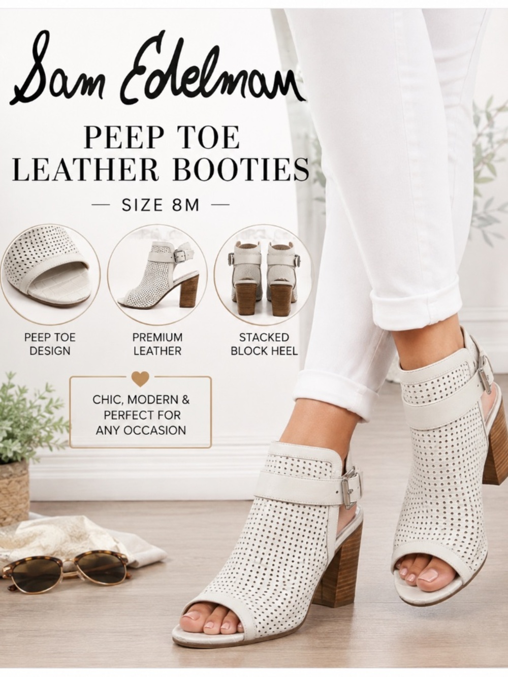 Sam Edelman Ivory Leather Peep Toe Booties Size 8M